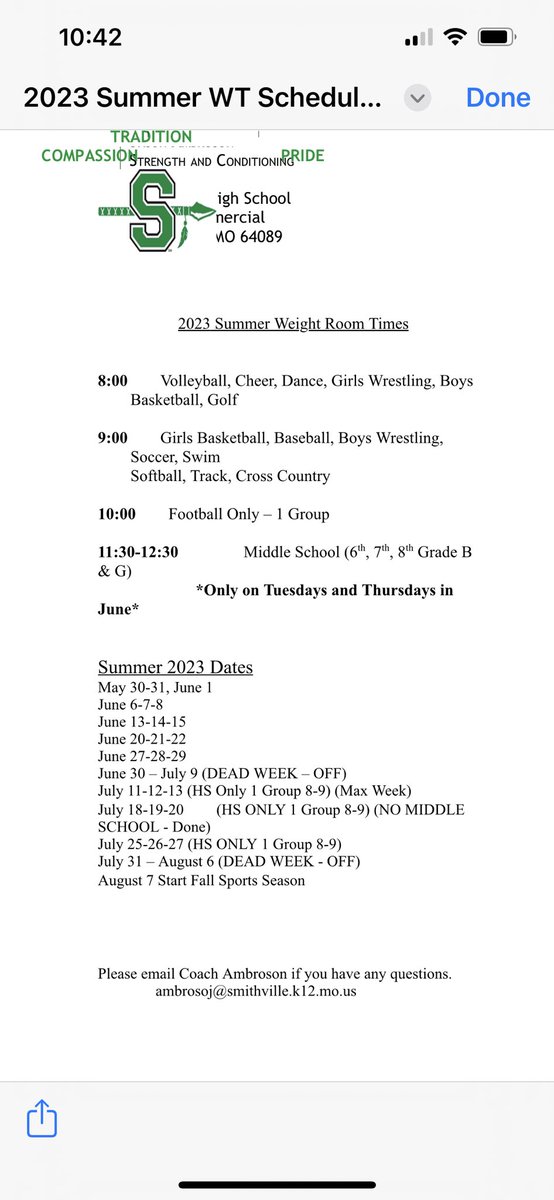 Summer weights start next week. Check this flyer for your designated times. Reach out with questions!