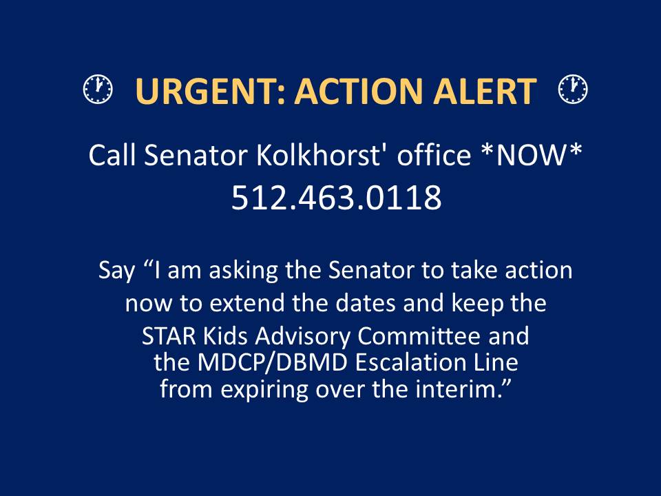 fragilechildTX's tweet photo. ⏰URGENT: ACTION ALERT ⏰
@loiskolkhorst pls take action now to extend the STAR Kids Advisory Cmte and MDCP/DBMD Escalation Line.  If not extended, these important patient focused elements will expire and be abolished by HHSC during the interim. #protectTXfragilekids #txlege https://t.co/aXHRCnYsaQ