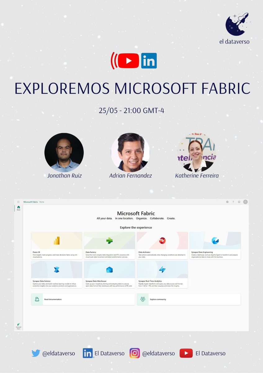 ¡Tenemos Live! Jueves 25 de Mayo  21:00hrs GMT-4 conversamos sobre #MicrosoftFabric ¡Te esperamos! 
youtube.com/live/0Gx184Xlh…