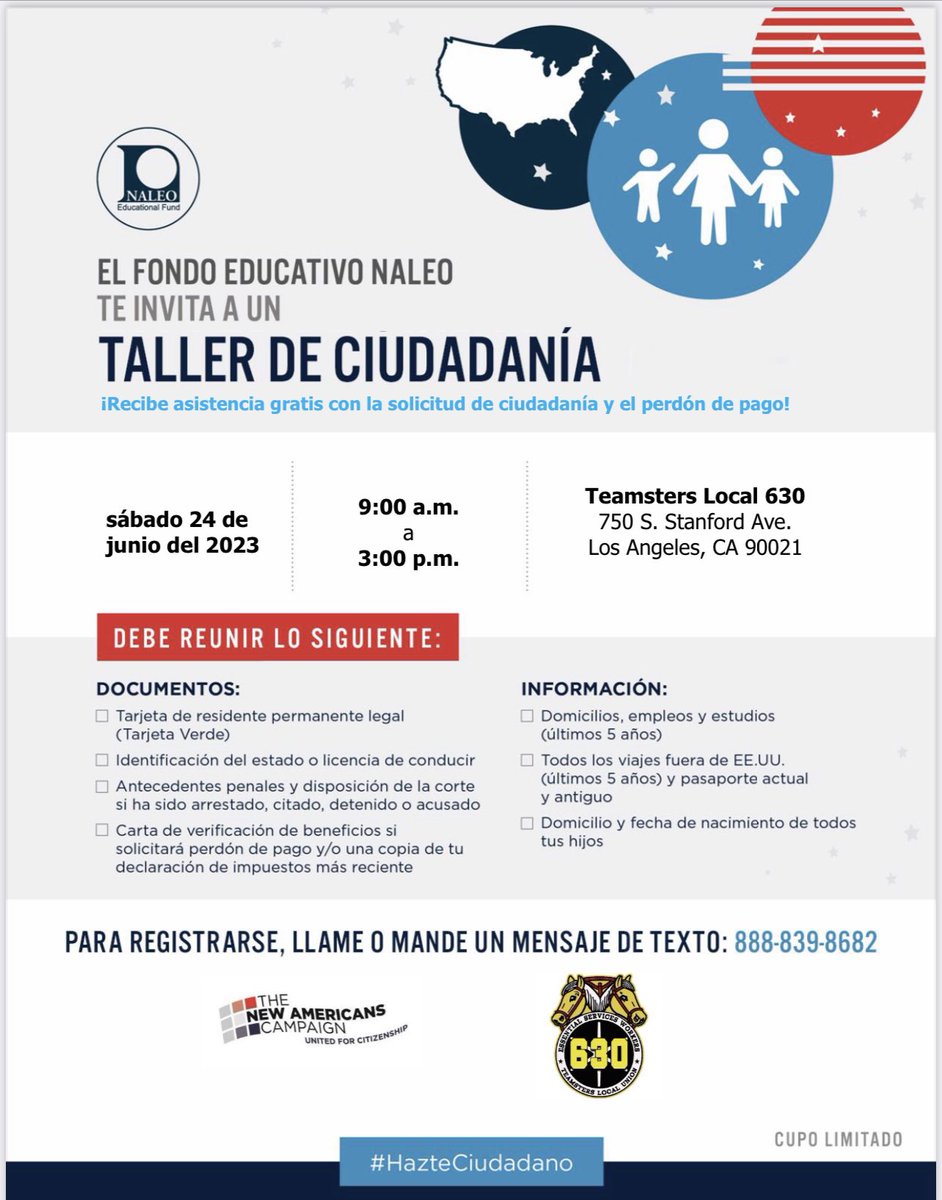 Teamster630's tweet photo. REMINDER: 📣
Local 630 will be conducting the Annual Citizenship workshop on Saturday, June 24. From 9 AM to 3 PM at our local office.  SPACE IS LIMITED
#teamster #teamsterslocal630 #citizenship #unionproud🇺🇸 
#HazteCiudadano
#NALEOEd https://t.co/BflIvtKCyc