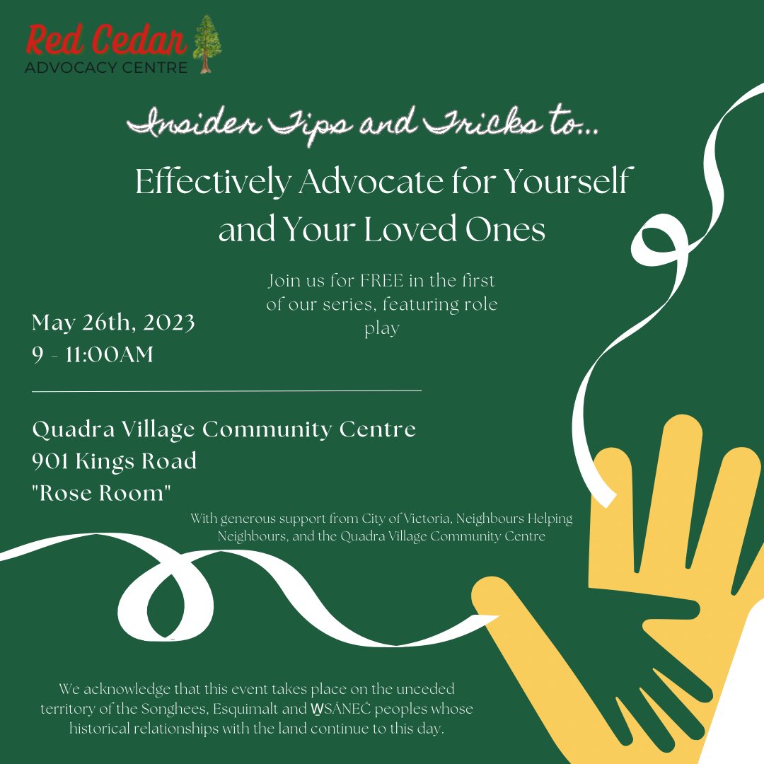 RedCedarCentre's tweet photo. Join us THIS FRIDAY (🎉!) for a free workshop on how to be a better advocate for yourself and your loved ones. Happening 9-11:00am at QVCC, bring your stories and challenges! 

We look forward to seeing you there #yyj! https://t.co/ut3rlQ2bhJ