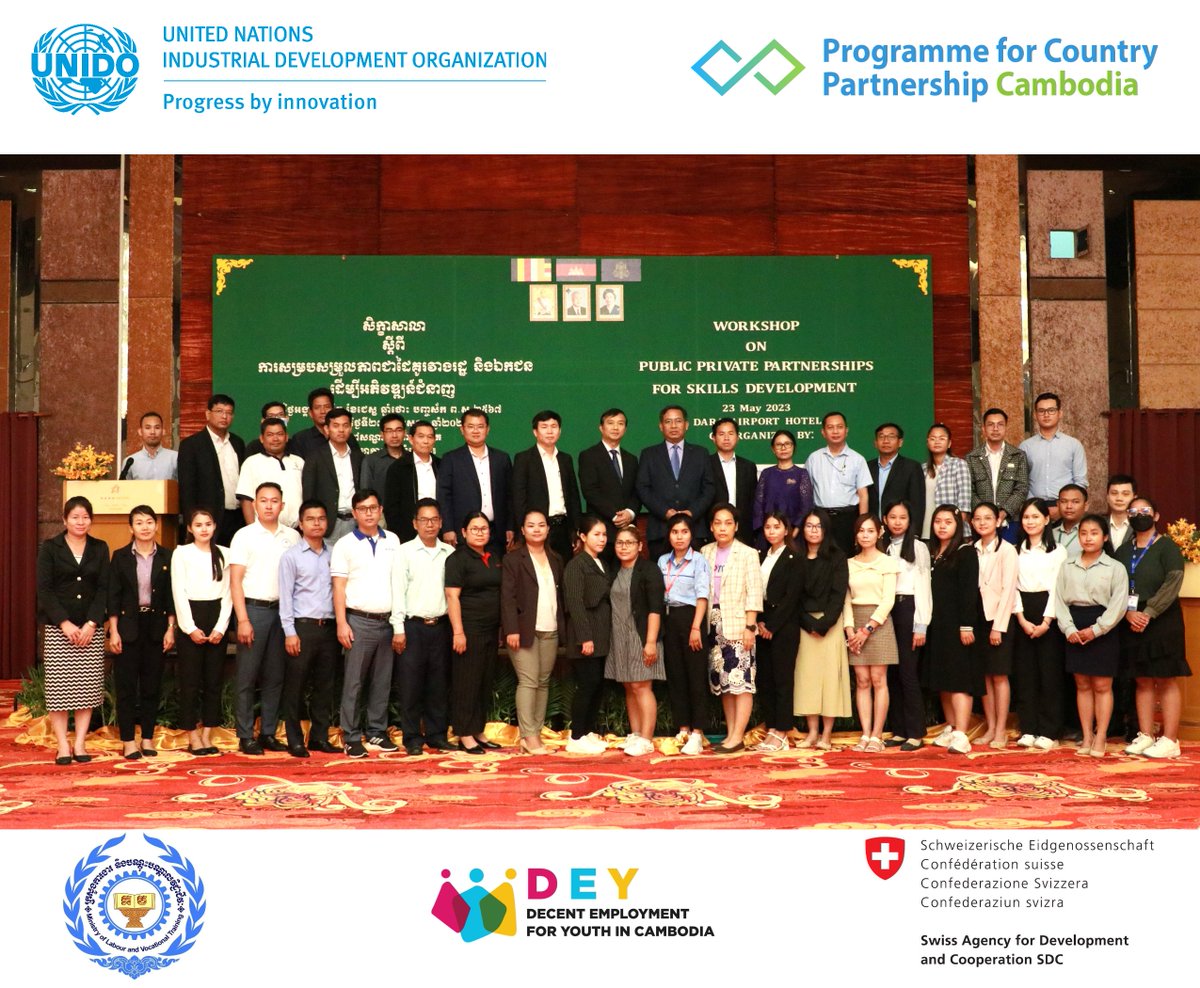 UNIDOKH's tweet photo. "I reaffirm our commitment to work w/ the private sector to close 🇰🇭's skill gaps contributing to the Indus Dev Policy 2015-2025 goals. It is 1 of our PCP's priorities, develop competitive & skilled workforces", said @narin_sok, @UNIDO CR in🇰🇭.
#Decentemployment #lkdf #sdcmekong https://t.co/f1eizltoDF