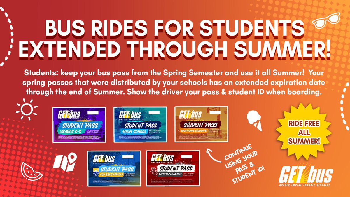 CSUBakersfield's tweet photo. 📣 #CSUB students! 📣 

You can keep your bus pass from Spring Semester and use it all summer! Your spring passes that were distributed by your schools have extended the expiration date through the end of summer. 

Show the driver your pass &amp; student ID when boarding! @GET_Bus https://t.co/HTB2QTP9lf