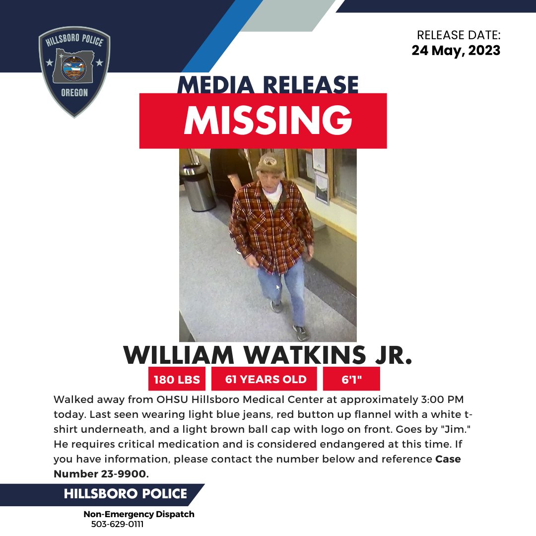 HillsboroPolice's tweet photo. MISSING/ENDANGERED | William (also known as "Jim" or "Jimmy") is 61 years old, 6’1”, 180 pounds. Last seen walking from OHSU Hillsboro Medical Center wearing light blue jeans, red button up flannel, and a light brown ball cap with a logo on the front. Call (503) 629-0111 if seen. https://t.co/ZWIaHYNsO5