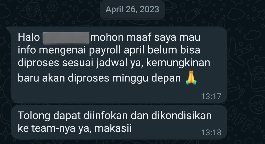 midweek_'s tweet photo. THR blm ditransfer, gaji April telat (beberapa sampai sekarang belum).

Soal gaji, awalnya bilang telat seminggu. Seminggu kemudian, msh belum dan bilang blm tau kapan. Terakhir, 21 mei, blg akan diproses sebelum 25 mei tp sampai sekarang belum ada @KemnakerRI @ecommurz https://t.co/fxLheIhDW7