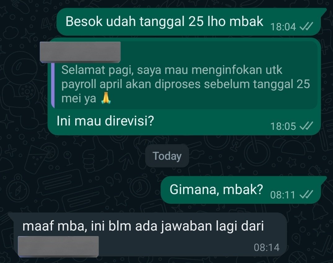 THR blm ditransfer, gaji April telat (beberapa sampai sekarang belum).

Soal gaji, awalnya bilang telat seminggu. Seminggu kemudian, msh belum dan bilang blm tau kapan. Terakhir, 21 mei, blg akan diproses sebelum 25 mei tp sampai sekarang belum ada <a href="/KemnakerRI/">Kementerian Ketenagakerjaan RI</a> <a href="/ecommurz/">Elon Murz | SVP of Meme Engineering</a>