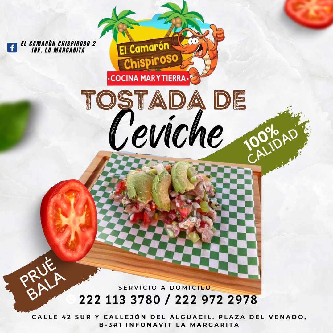 arturfranja's tweet photo. Promocion en tostadas de ceviche miércoles y jueves al 2x1. Los mejores mariscos de la margarita PIDE UBICACIÓN AL WATSAP 2221133780 y local 2229722978 EL CAMARÓN CHISPIROSO 2 infonavit la margarita. Servicio a domicilio sin costo (colonias cercanas) de 10 am a 8:00 pm https://t.co/9QZhdmlXXi