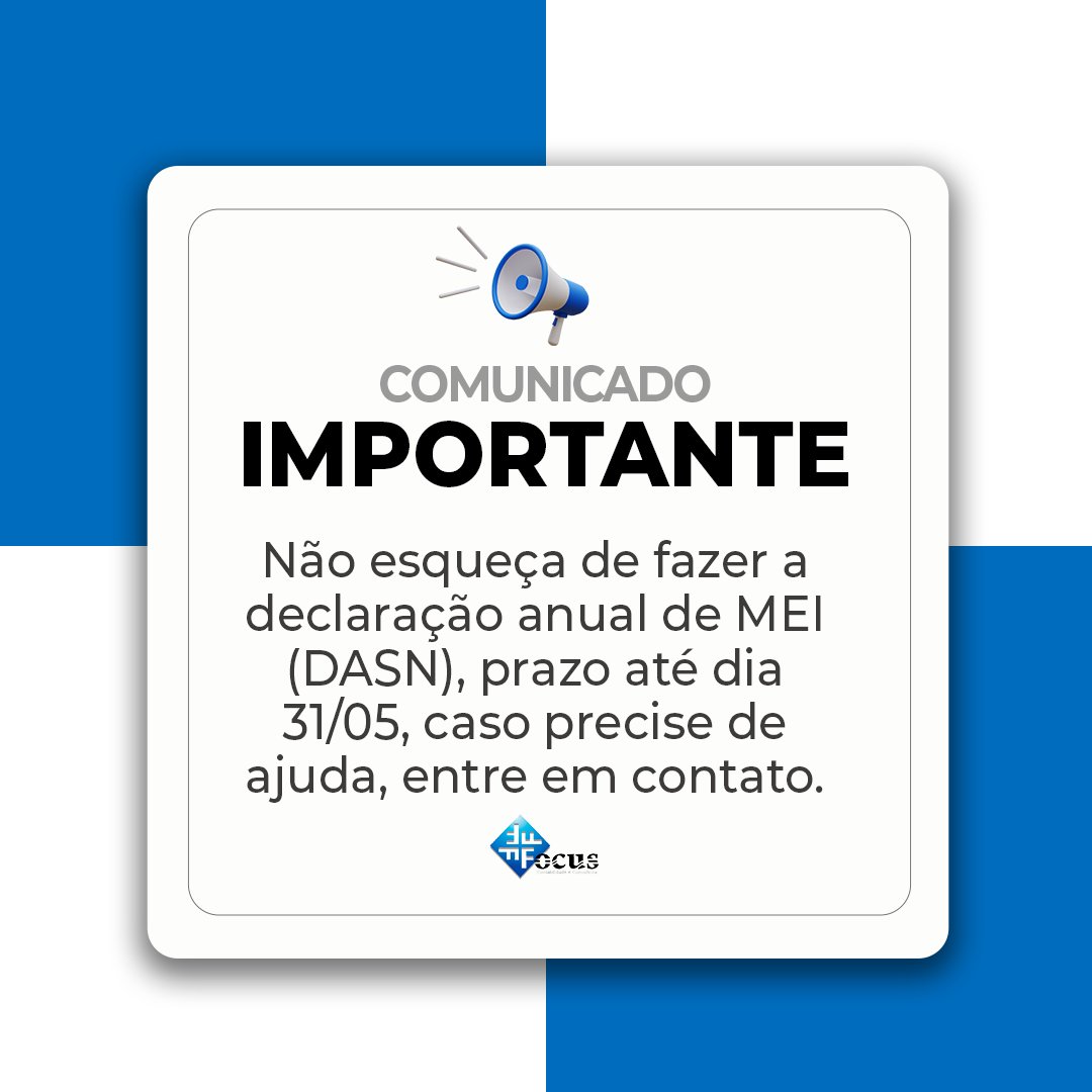FocusContabili2's tweet photo. ⏳ Não deixe para a última hora! O prazo para a declaração de MEI (DASN) é até o dia 31/05. Garanta sua regularidade e tranquilidade.

#MEI #DASN #DeclaraçãoAnual #Empreendedorismo #PequenosNegócios #Regularização #Contabilidade #AjudaProfissional" https://t.co/BKc3dSdMgJ