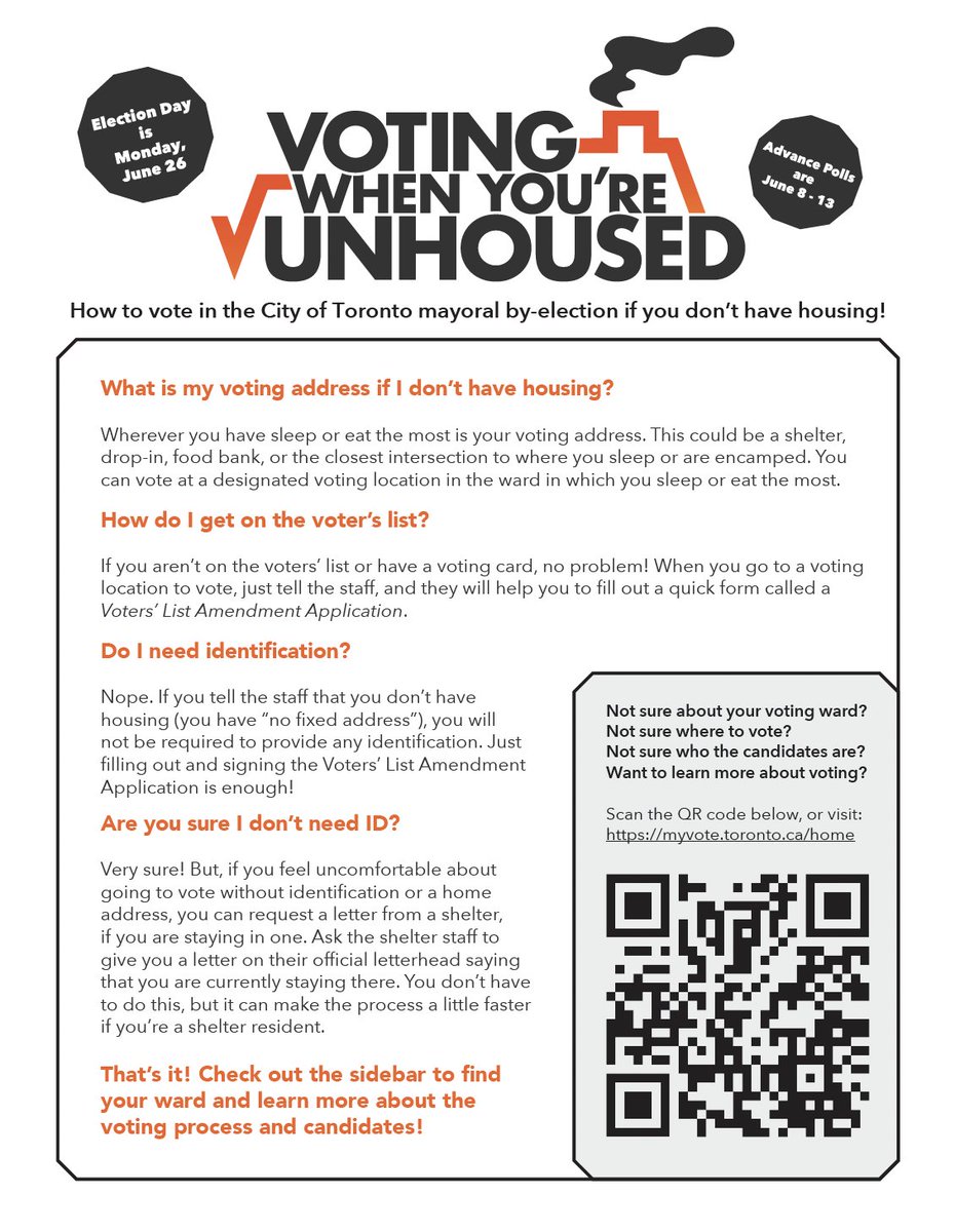 DianaCMcNally's tweet image. If you're unhoused, you can vote in the upcoming mayoral election on June 26! 

Want to learn more? Here is a handy flyer you can print and share: tinyurl.com/UnhousedVoteTO.

In short: you don't need a fixed address or ID to vote; just let them know this at the polls on E-Day!