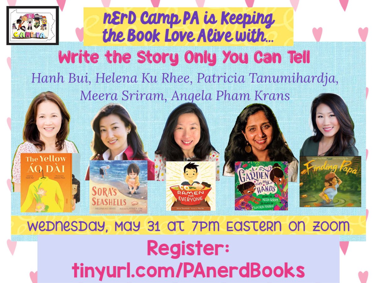 In honor of #AAPIHeritageMonth, please join us for this incredible panel of picture book authors on Zoom! May 31st at 7pm EDT- registration is free & all are welcome! tinyurl.com/PAnerdBooks @HanhBuiWrites @Meeratsriram @HelenaRhee @ediblewords @angelakrans