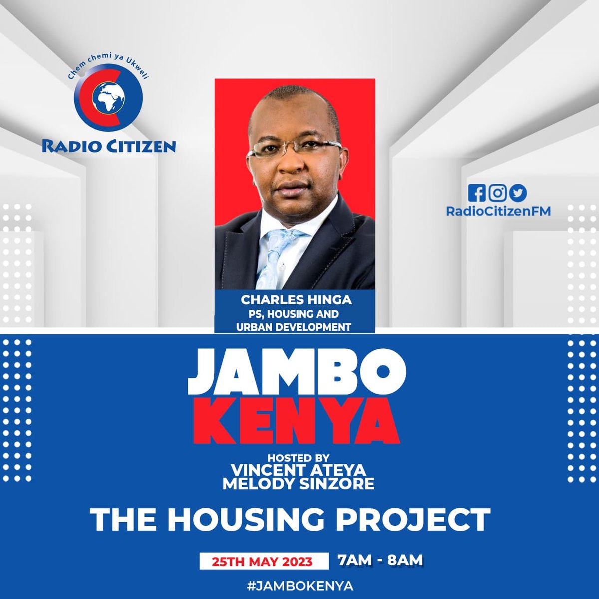Mkalla Mwambodze (@mwambodzemkalla) on Twitter photo Leo hii ndani ya #JamboKenya <a href="/RadioCitizenFM/">Radio Citizen</a>
, mgeni wetu ni Katibu katika wizara Nyumba na Maendeleo ya Miji <a href="/PSCharlesHinga/">Charles Hinga Mwaura; CBS, CA (SA)</a> . Usikose kutegea na kuuliza maswali yako ujibiwe. Leo hii ndani ya #JamboKenya <a href="/RadioCitizenFM/">Radio Citizen</a>
, mgeni wetu ni Katibu katika wizara Nyumba na Maendeleo ya Miji <a href="/PSCharlesHinga/">Charles Hinga Mwaura; CBS, CA (SA)</a> . Usikose kutegea na kuuliza maswali yako ujibiwe.