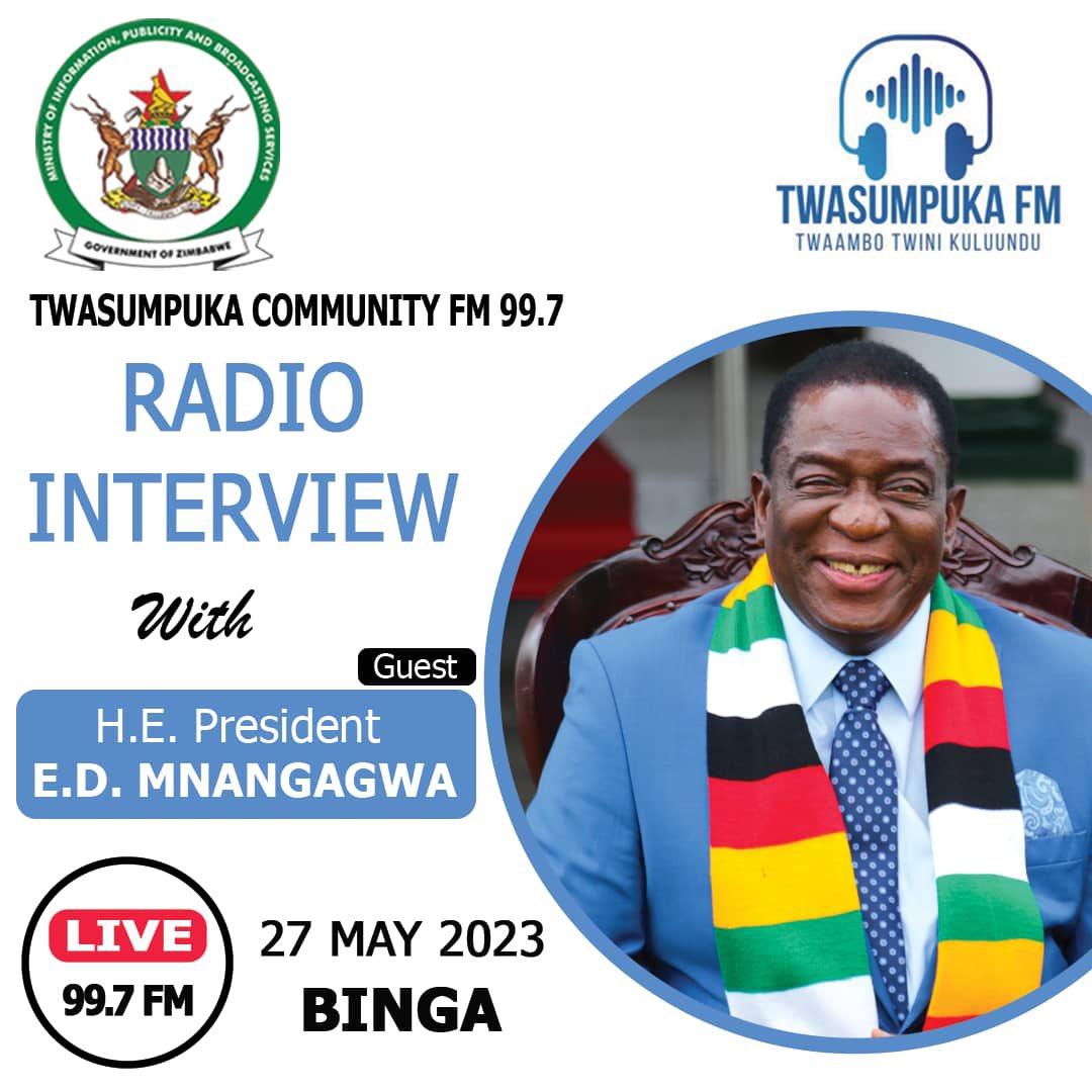 A few days after coming live Binga community radio station Twasumpuka FM 99.7 gets a big hitter <a href="/edmnangagwa/">President of Zimbabwe</a> on 27 May.
 
Tune in
#LeavingNoOneBehind
#MatLandinFocus