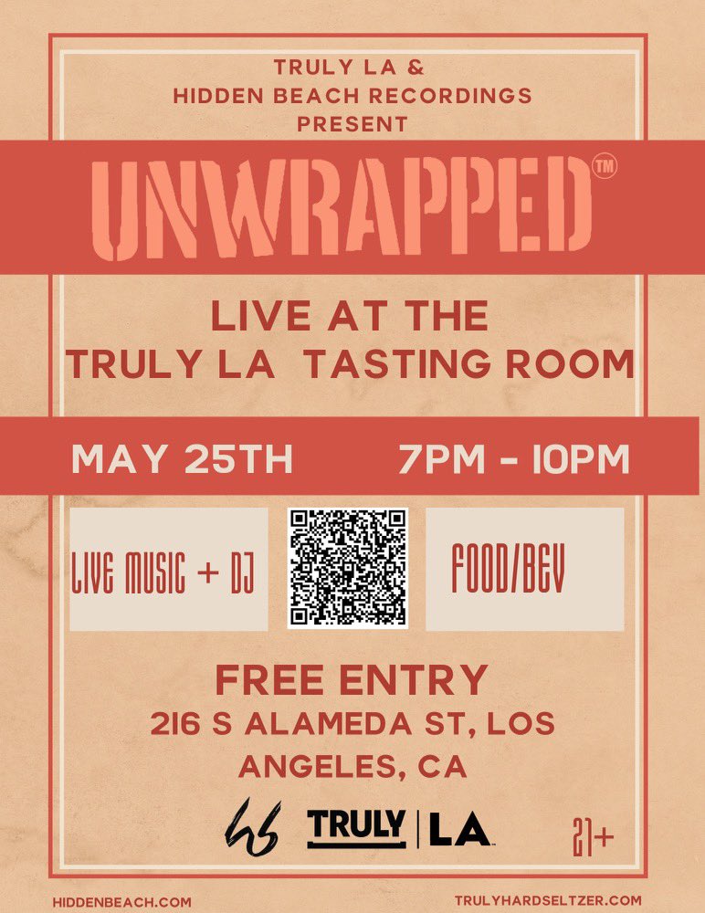 Los Angeles! Very excited to join these great musicians as MD + DJ for the UNWRAPPED experience presented by <a href="/hiddenbeach/">Hidden Beach Recordings</a>  &amp; <a href="/trulyseltzer/">Truly</a> LA
Tasting Room Thursday 5.25.23 | 7-10pm | No Cover | 21 + 
216 S Alameda St, Los Angeles 90012 eventbrite.com/e/truly-la-pre… Unwrapped is back!