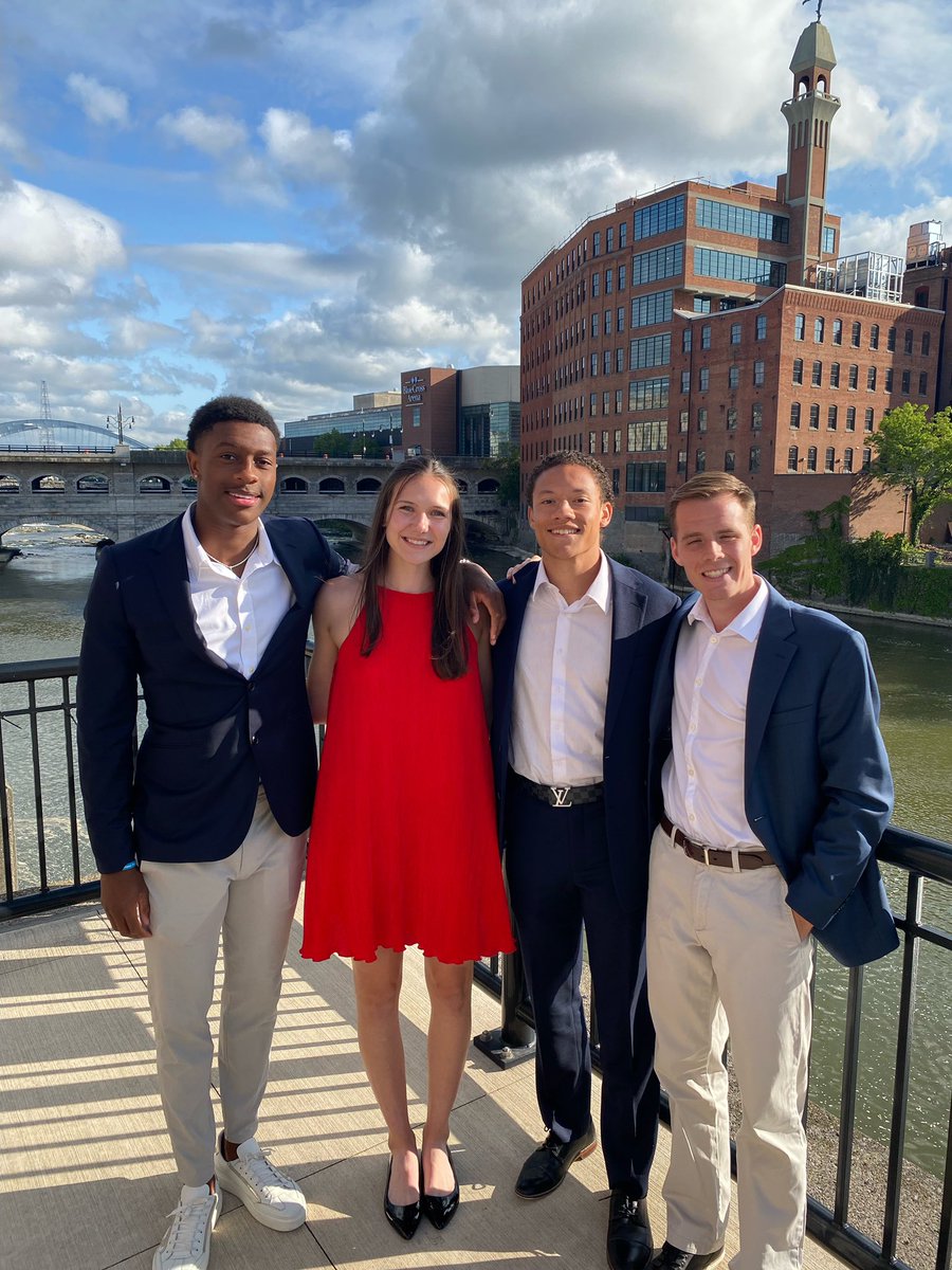 Rhodes’ TJ Clayton, Rachel Sullivan, Luke Gerzon, &amp; Jared Briant looking sharp at tonight’s athletes banquet. DIII Nationals action starts tomorrow in Rochester, NY with Sullivan in the HJ and Briant in steeplechase prelims. Gerzon and Clayton run 100 prelims on Friday. Go Lynx!!