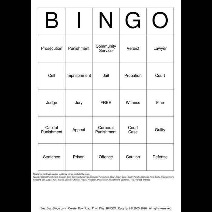 Your next meeting should have Judicial System Bingo to add some excitement and fun. Your coworkers will love playing Judicial System Bingo!

buzzbuzzbingo.com/Business/Judic… #JudicialSystem #Bingo