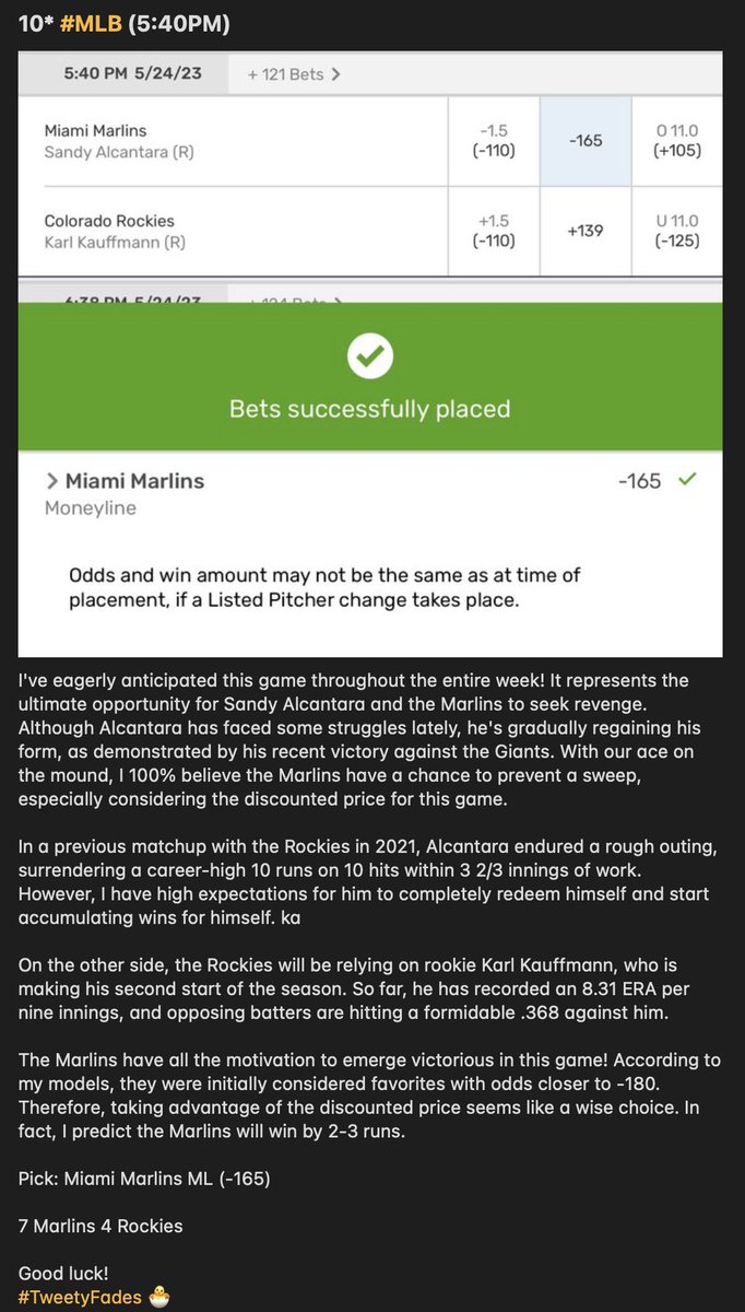 TweetyFades's tweet image. 🔥14-1 #MLB RUN!! +55.24u

ANOTHER 10* WINNER!!!
(MIAMI MARLINS ML✅)

Congrats!
#TweetyFades🐣
