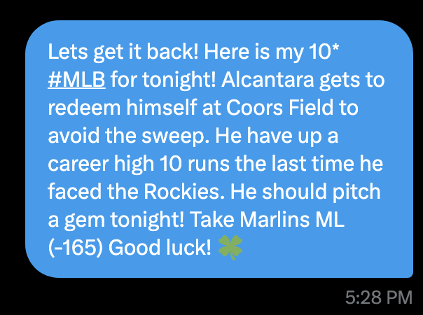 TweetyFades's tweet image. 🔥14-1 #MLB RUN!! +55.24u

ANOTHER 10* WINNER!!!
(MIAMI MARLINS ML✅)

Congrats!
#TweetyFades🐣