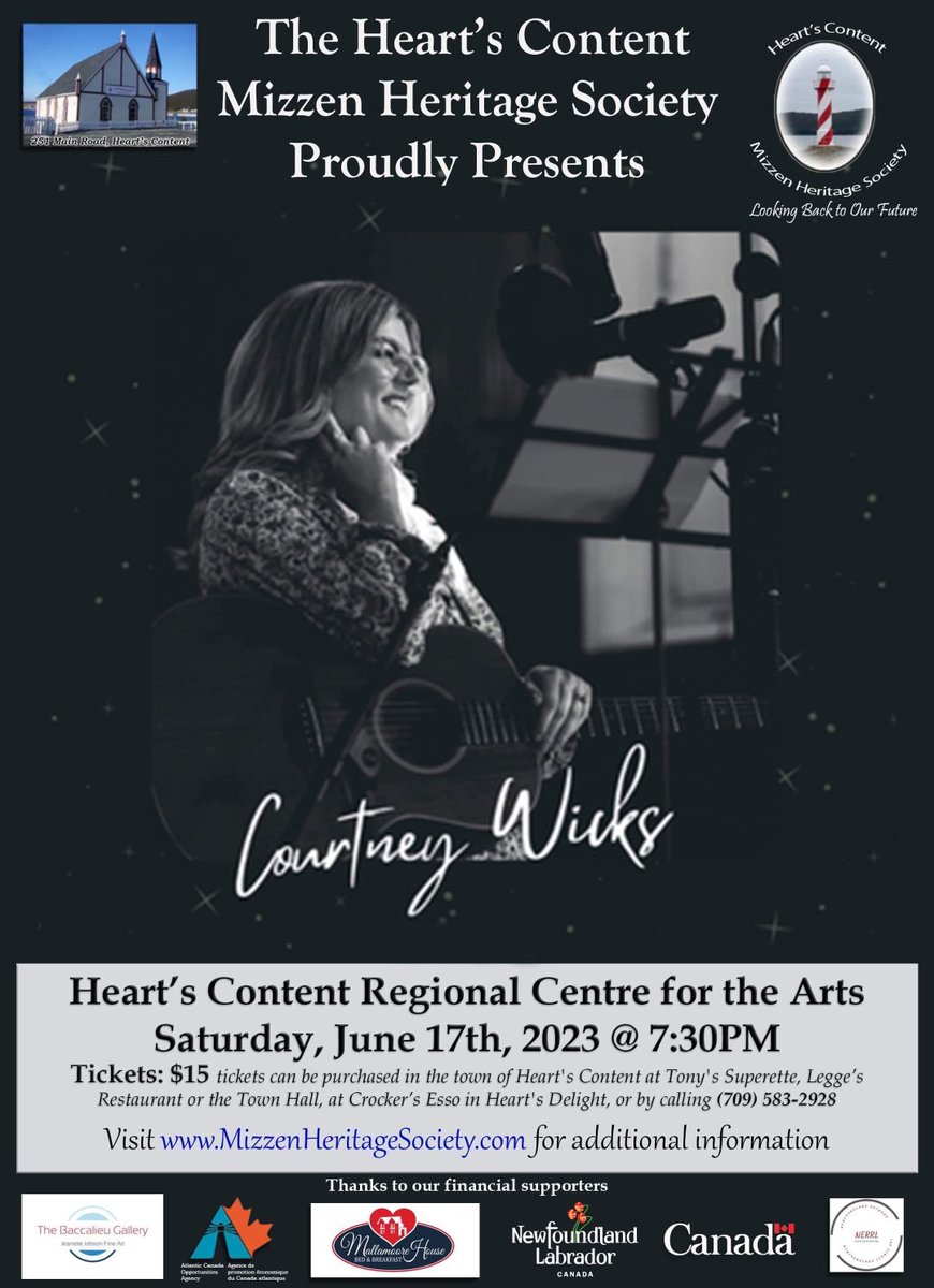MizzenHeritage's tweet photo. Join us for the music of #CourtneyWicks on Saturday, June 17th. Presented by the #MizzenHeritageSociety at the #RegionalCentrefortheArts in beautiful #Heart’sContent. #Music #GoodTimes #Fun https://t.co/3vw7tUEy1q
