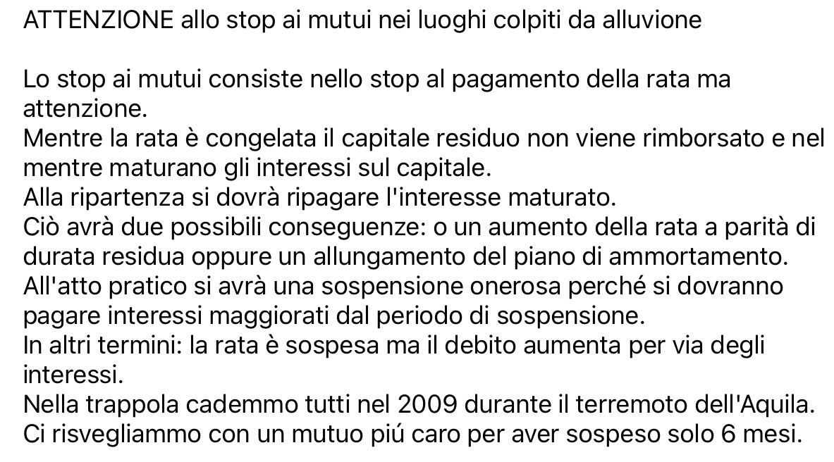 natabalzana's tweet image. A beneficio di chi è stato colpito dall’#alluvione, a proposito della sospensione dei #mutui, corre l’obbligo di precisare quanto segue