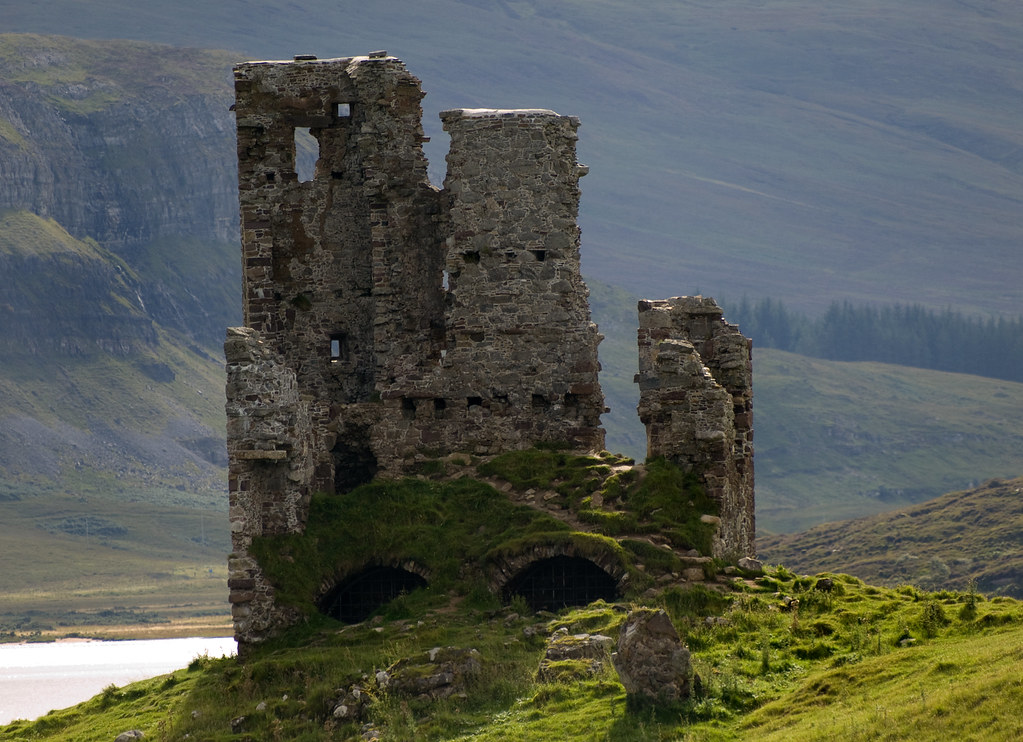 The ruins of Ardvreck Castle on Loch Ayysnt, Scotland. NMP.