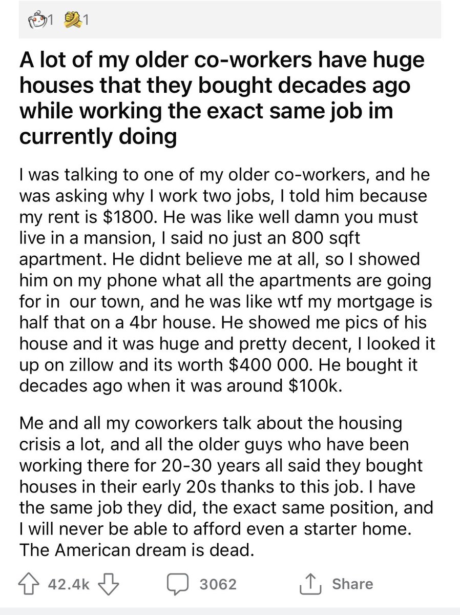 When I see posts like this on housing costs, I both AGREE and empathize but am dumbfounded how they remain left wing. These problems are due to Democrat policies like open borders and inflation due to money printing.