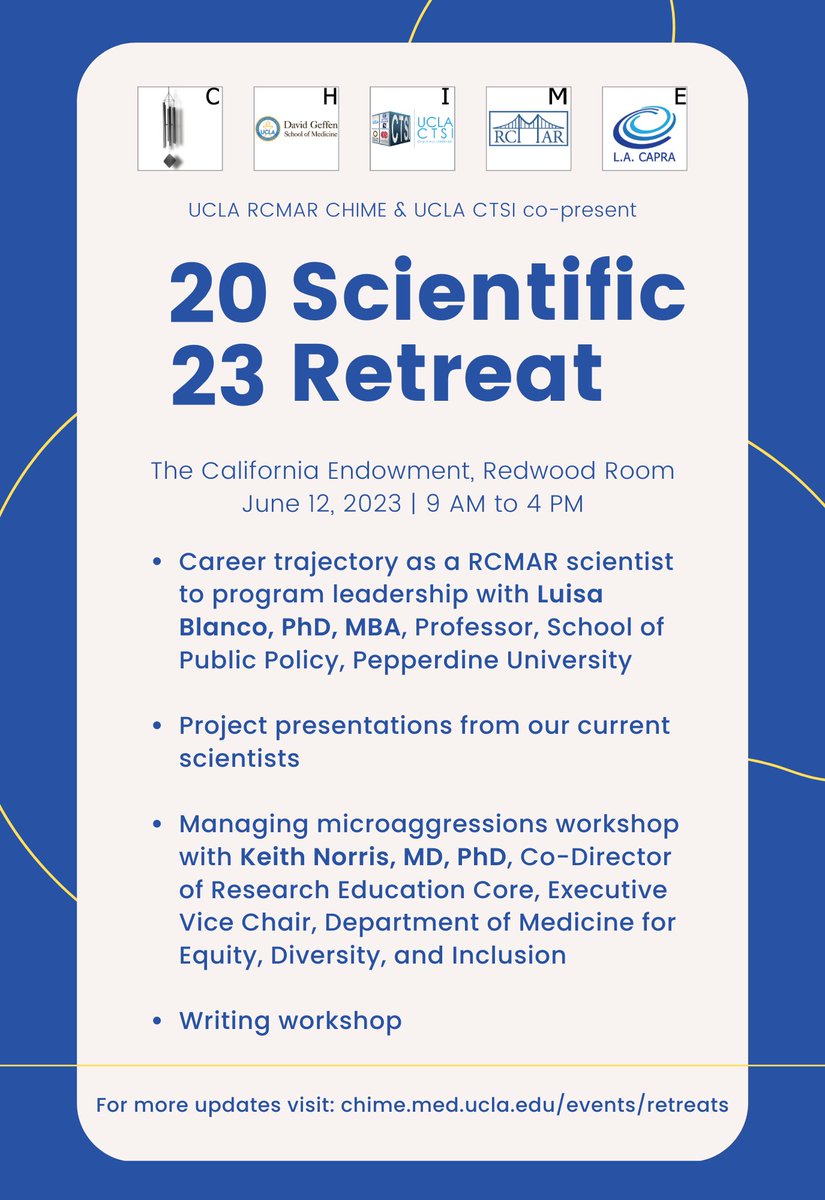 UCLA RCMAR CHIME (@uclarcmarchime) on Twitter photo Join us on June 12 at the California Endowment for the RCMAR CHIME - CTSI Spring Scientific Retreat!  Review the agenda and register at chime.med.ucla.edu/events/retreat… Join us on June 12 at the California Endowment for the RCMAR CHIME - CTSI Spring Scientific Retreat!  Review the agenda and register at chime.med.ucla.edu/events/retreat…