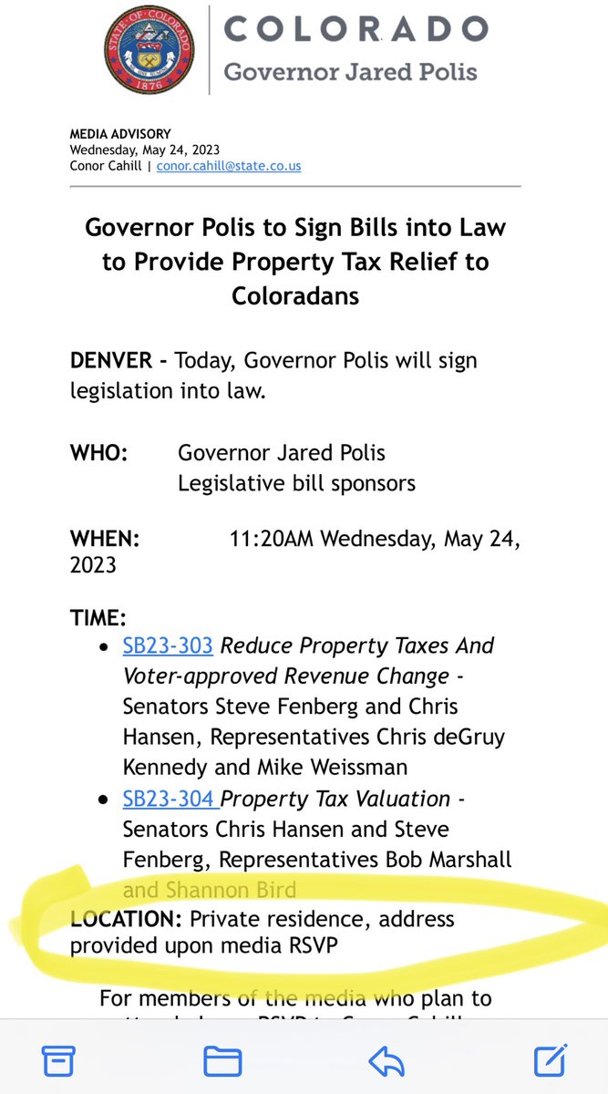 Gov signs bill for ballot measure that will end your TABOR refunds at a private residence. Only bill sponsors are invited- no public. Not surprising given the bill was developed behind closed doors and then pushed thru in the waning days of session.