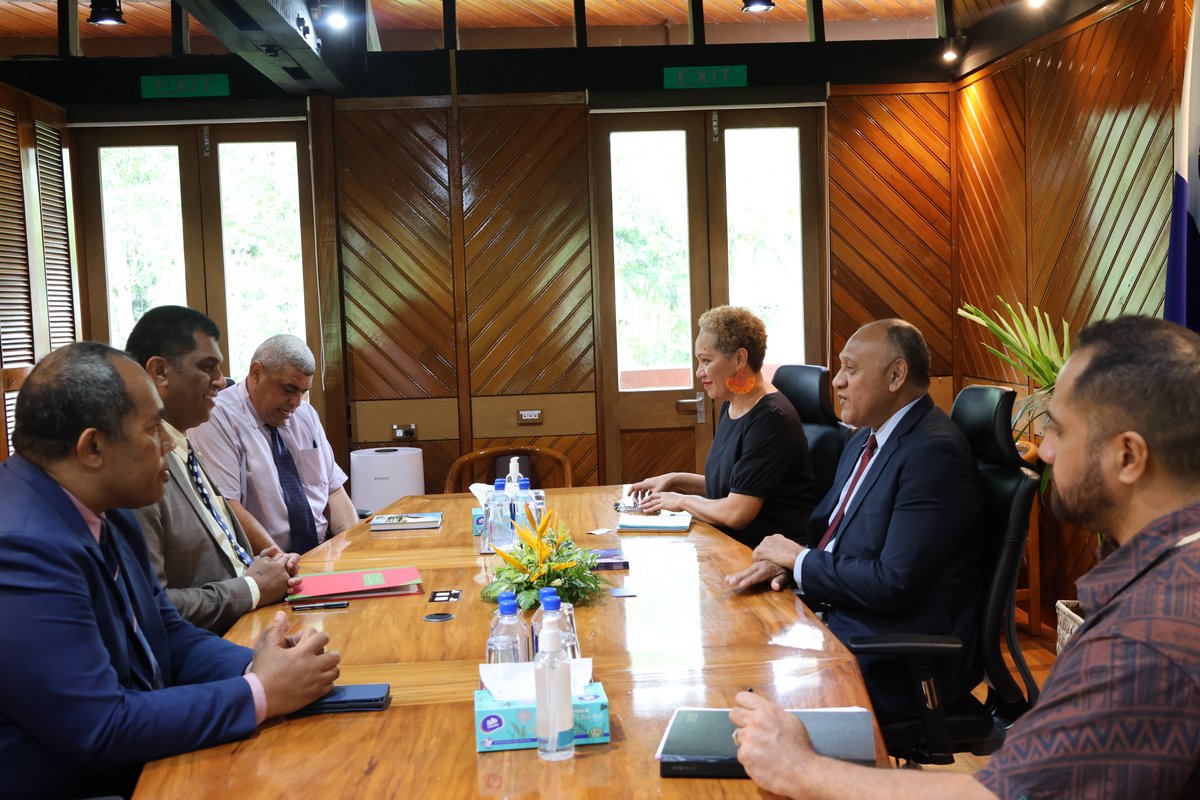 ForumSEC's tweet photo. #Fiji Minister for Education, Hon Aseri Radrodro  visited the #PIF Secretariat today for a meeting with the Deputy Secretary General, Dr Filimon Manoni. Discussions included the #2050Strategy for the #BluePacific, which prioritises education as a key driver for Pacific futures. https://t.co/fq618tqSqv