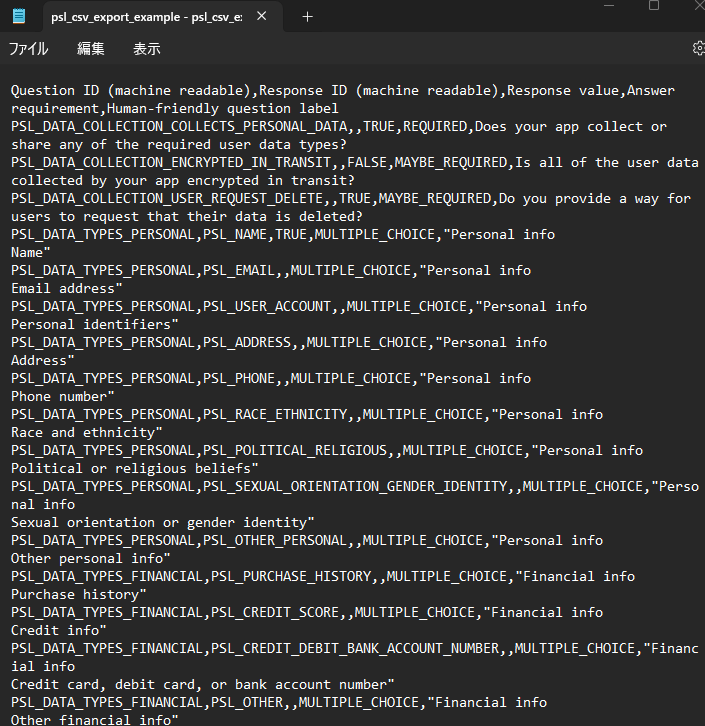 Android_200616's tweet photo. データーセーフティ用ＣＳＶのサンプルがダウンロード出来ることを始めて知った。
ダウンロードしてみたら・・全部英語で760行以上

これからこれを出さないと広告貼れないということ？
これは一部です。760以上あります。 https://t.co/k0RXzTO14H