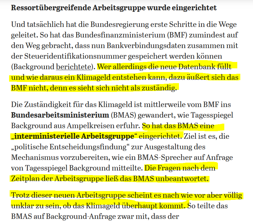 6/ Wie schön, dass <a href="/nora_zaremba/">Nora Marie Zaremba</a> <a href="/TspBackgroundEK/">Tagesspiegel Background Energie & Klima</a> heute gleich die Antwort auf die 2. Frage hat, wer fürs #Klimageld verantwortlich ist: nicht mehr BMF, sondern nun BMAS mit der Führung einer interministeriellen Arbeitsgruppe - allerdings ohne Zeitplan... background.tagesspiegel.de/energie-klima/…
