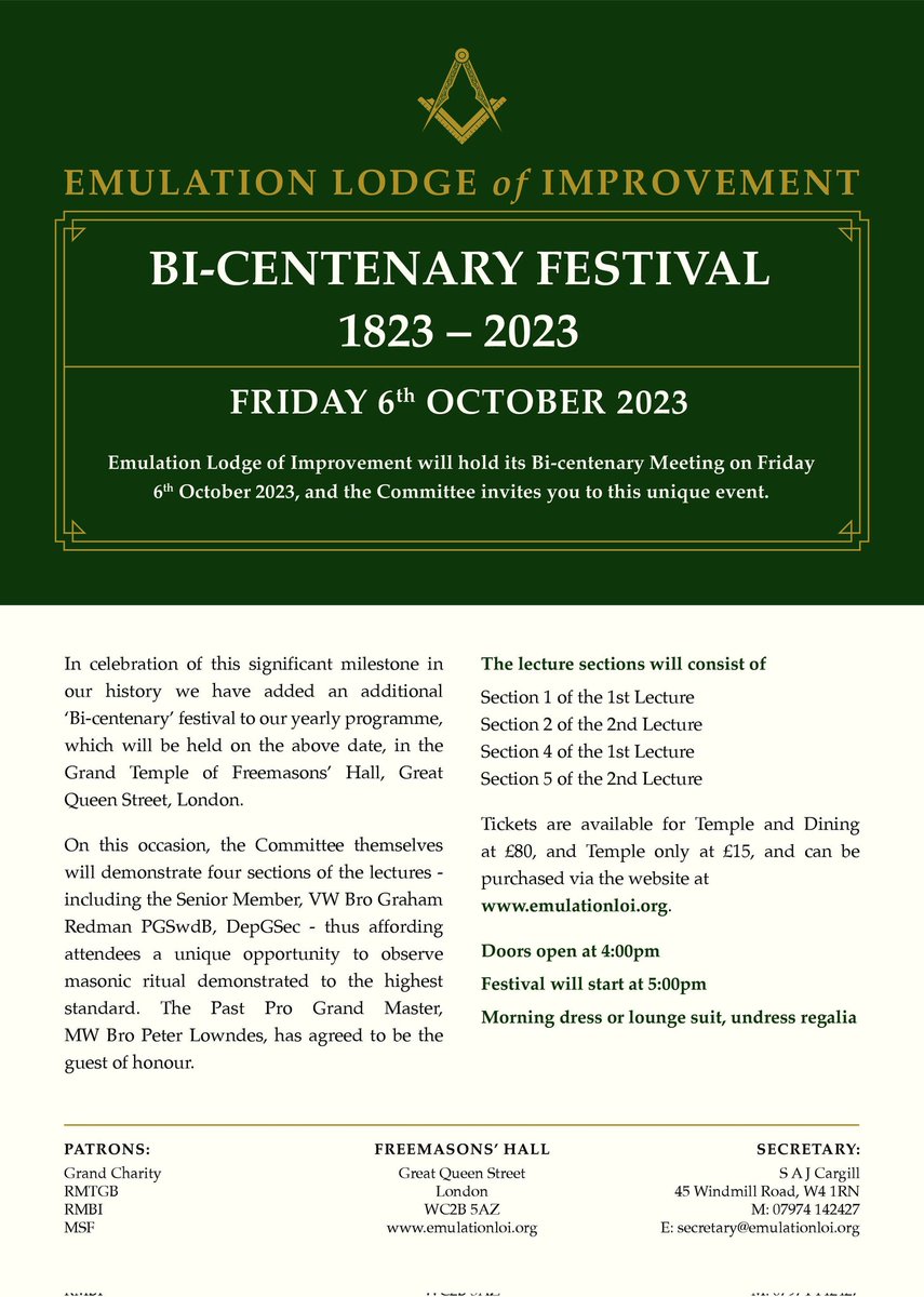 Emulation LoImp Sec (@emulationloisec) on Twitter photo Our Bi-Centenary Festival will be held on the 6Oct23 in the Grand Temple of FMH London. At this historic event the Past Pro Grand Master MW Bro Peter Geoffrey Lowndes has kindly agreed to be the Guest of Honour. Tickets are now available. <a href="/EmulationLOISec/">Emulation LoImp Sec</a>
<a href="/UGLE_GrandLodge/">United Grand Lodge of England</a> Our Bi-Centenary Festival will be held on the 6Oct23 in the Grand Temple of FMH London. At this historic event the Past Pro Grand Master MW Bro Peter Geoffrey Lowndes has kindly agreed to be the Guest of Honour. Tickets are now available. <a href="/EmulationLOISec/">Emulation LoImp Sec</a>
<a href="/UGLE_GrandLodge/">United Grand Lodge of England</a>