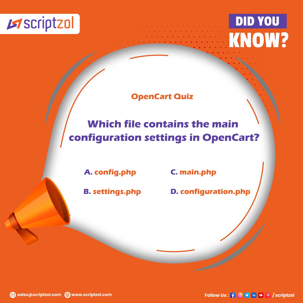 scriptzol's tweet photo. Which file contains the main configuration settings in OpenCart?
a) config.php
b) settings.php
c) main.php
d) configuration.php
#quiz #MCQ #mcqquiz #opencartquiz #opencartlmcq #pluginsquiz #opencartpluginsquiz #opencart #letsconnect #poll #ThrowbackThursday #scriptzol https://t.co/WPobcV9eo1