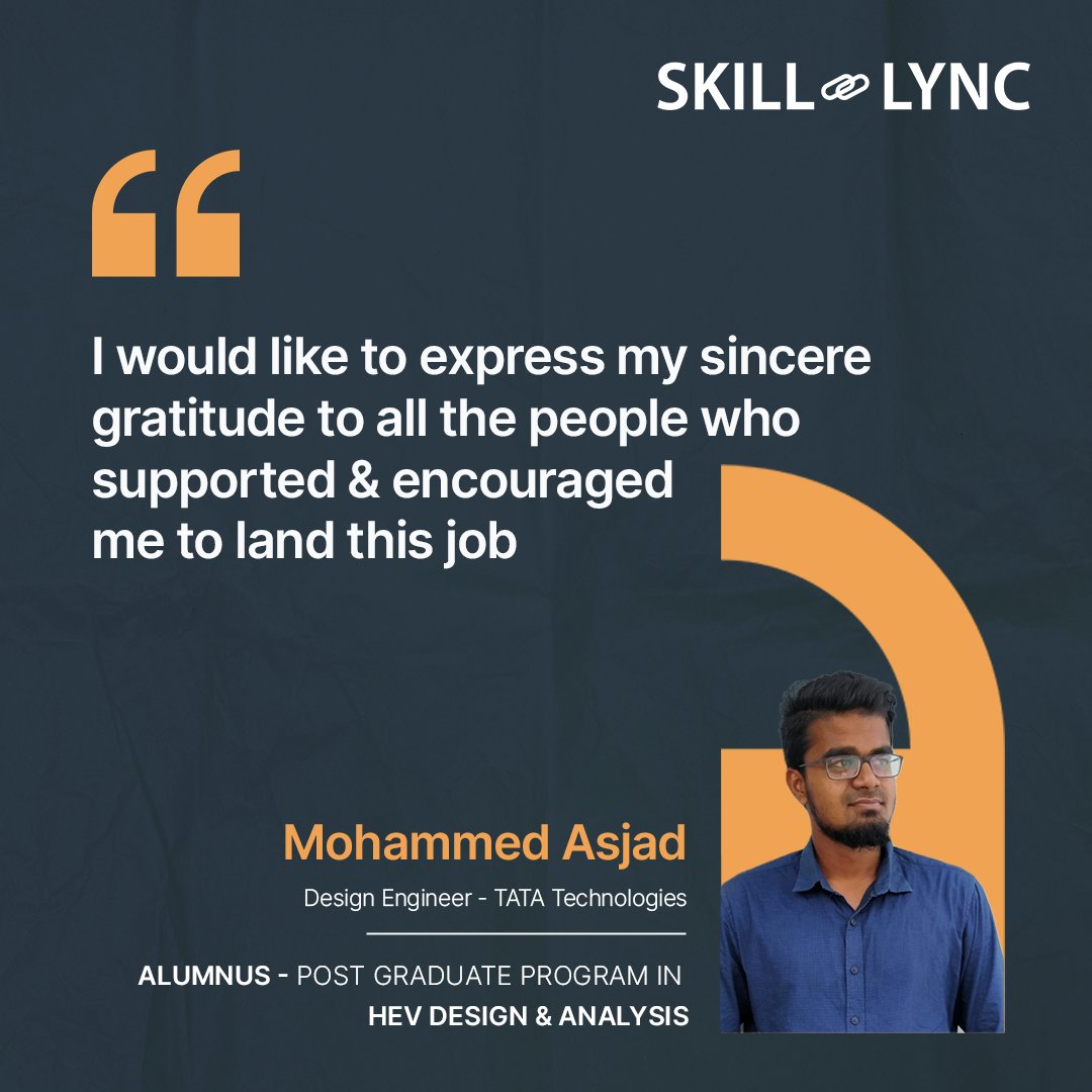 A hard-working engineer, and alumnus, Mr. Mohammed Asjad started his dream career as a Design Engineer at Tata Technologies by acquiring industry-relevant skills!

We wish you the best, Mohammed Asjad! 

#DesignEngineer #TataTechnologies #MorningMotivation