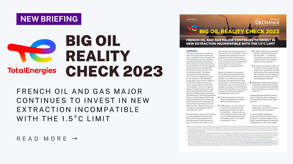 New briefing: In 2022, @TotalEnergies ranked as the world’s third worst oil and gas expander in terms of approving new upstream projects — doubling down on fossil fuel investments while reporting record net profits of USD 36.2 billion in 2022.

Read more: priceofoil.org/total-reality-…