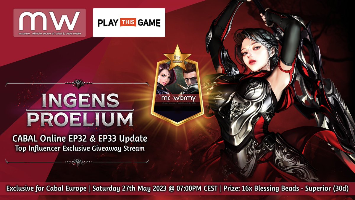 Mr_Wormy's tweet photo. #CabalEU players 🔊
Join my stream at https://t.co/PDkVjxkBBV in collaboration with #PlayThisGame at 7:00PM CEST on Saturday 27th May 2023 for being one of 16 lucky winners 🏆 to get a Blessing Beads - Superior (30d) 🔥
#MrWormy #Cabal #CabalOnline #WormyCabal #CabalGiveaway https://t.co/tTPRcvYuiG