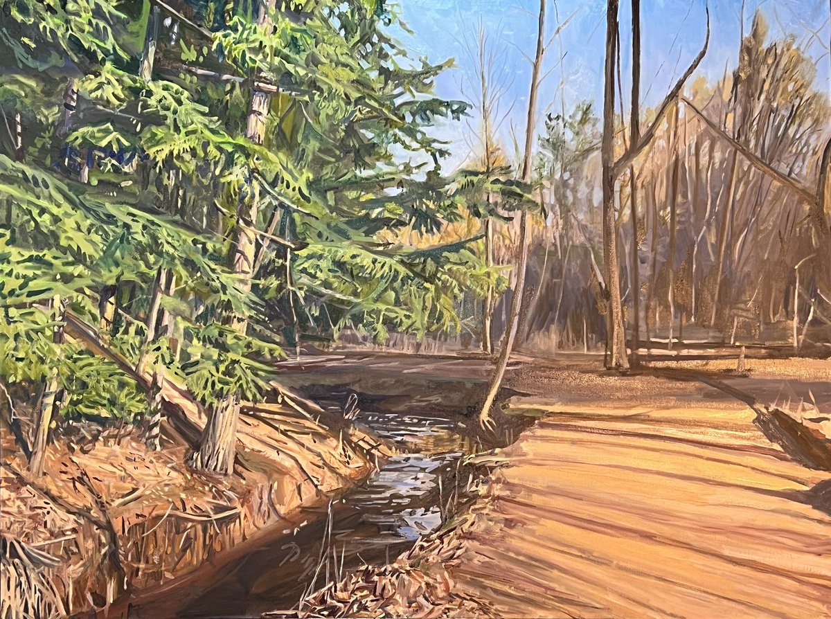I just finished this #painting, featuring hemlocks on Hickory Creek, an early-morning scene where three <a href="/RBGCanada/">Royal Botanical Gardens</a> trails converge in #HamOnt. (36 x 48 inches, oil on canvas)
