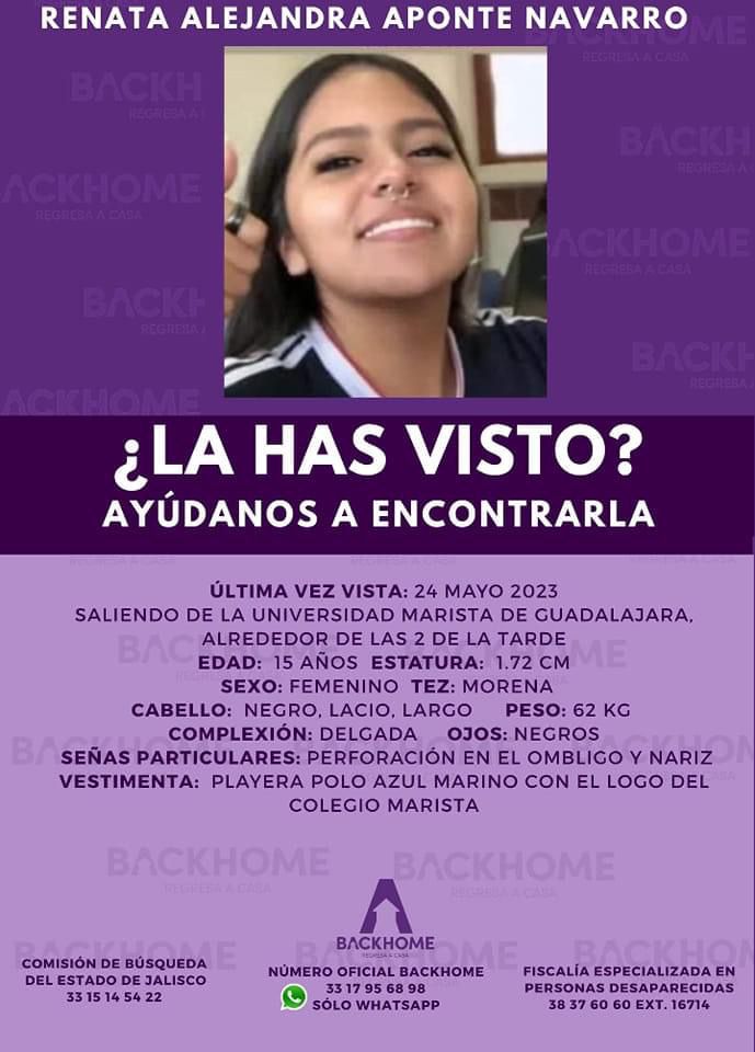 #ServicioSocial 🙏🏼 Cualquier información sobre Renata Alejandra Aponte Navarro comunicarte a los números: Comisión de Búsqueda del Estado de Jalisco tel: 3315145422 Fiscalía Especializada en Personas Desaparecidas tel: 38376060 ext. 16714 BackHome tel: 3117956898…