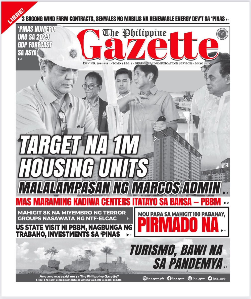 tmtcathyvalente's tweet photo. LOOK: The Presidential Communications Office-Bureau of Communications Services has launched The Philippine Gazette, a free newspaper that aims to inform the public about the programs and projects of the administration of President @bongbongmarcos. @TheManilaTimes https://t.co/7fIzyhQsih