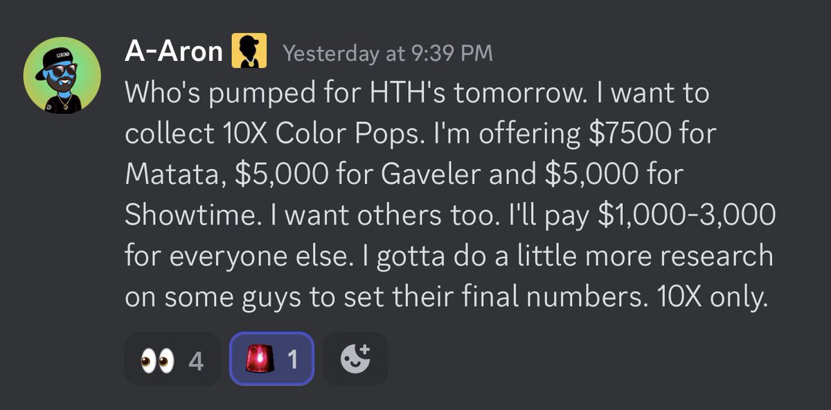 First shots over the bow.  $7500 for Matata 10x!!!

Be interesting there to see if the person that hits that one sells. Acuna having quite the year. 

$5k on Gaveler and Showtime not slouch offers either. @CollectHTH