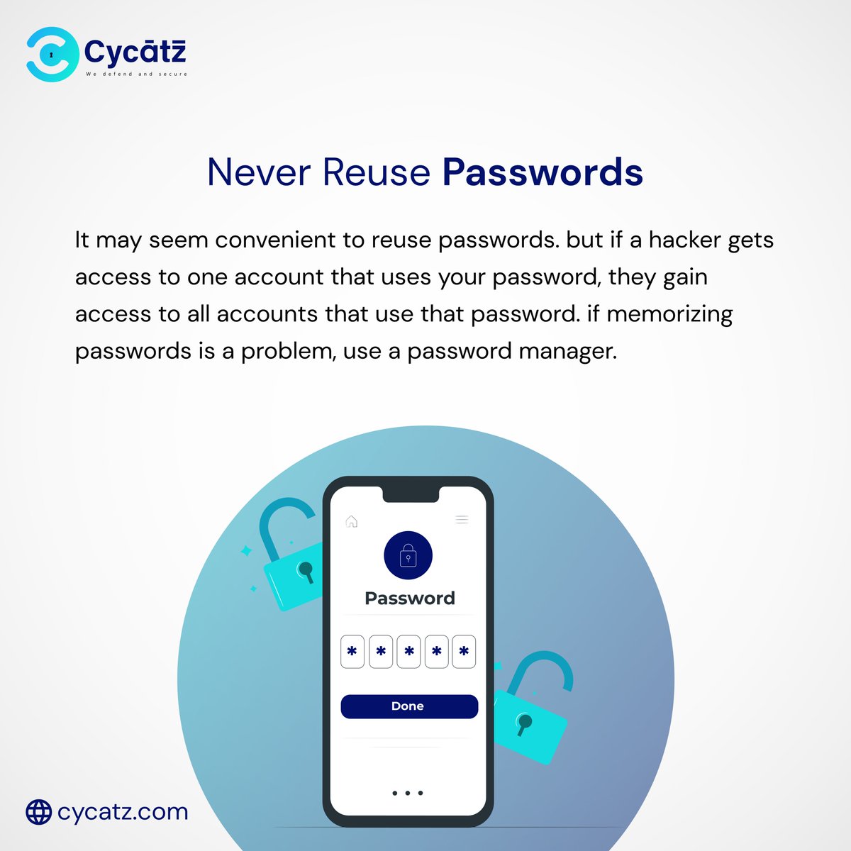 #CyCatz #cybersecurity Never Reuse Passwords

#cyberawareness #cyberattack #breaches #databreaches #cybercrime #darkwebmonitoring #SurfaceWebMonitoring #mobilesecurity #emailsecurity #vendorriskmanagement #BrandMonitoring #cyber #security