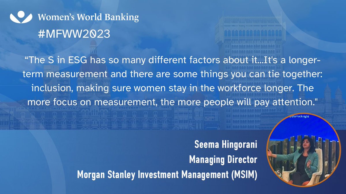 womensworldbnkg's tweet photo. How can the S in #ESG be measured? @SeemaHingorani shares her perspective. ⬇️

#MFWW2023 https://t.co/l5I8H3xC6i