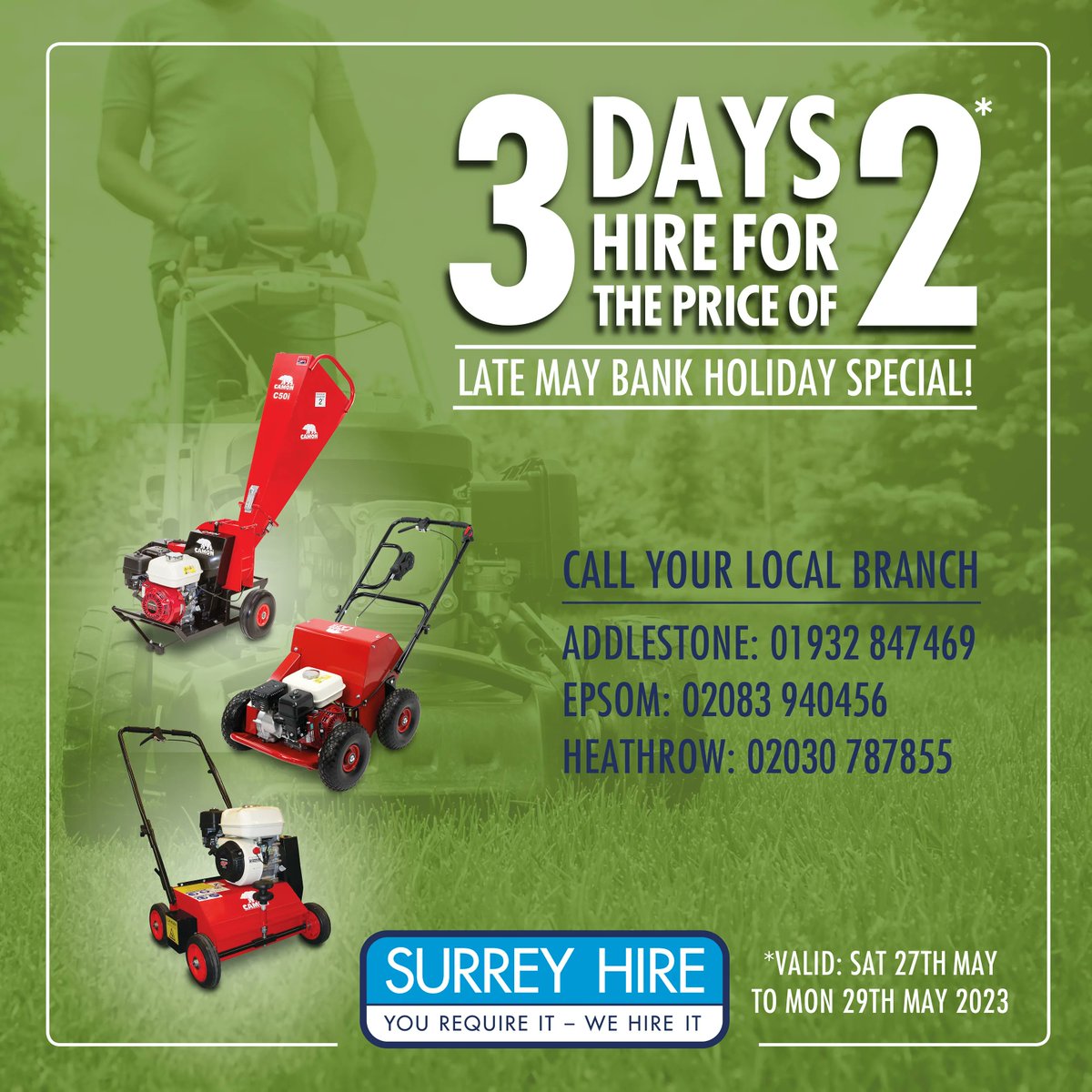 *SPRING BANK HOLIDAY OFFER* Get in quick for 3 DAYS HIRE FOR THE PRICE OF 2 this weekend! Valid Sat 27th - Mon 29th May. View our website for full range buff.ly/3kHVgy3
#surreyhire #surrey #heathrow #epsom #addlestone #surreybusiness #gardenrenovation #toolhire #planthire