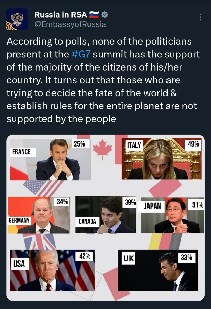 According to polls, none of the politicians present at the G7 summit has the support of the majority of the citizens of his/her country. It turns out that those who are trying to decide the fate of the world & establish rules for the entire planet are not supported by the people.