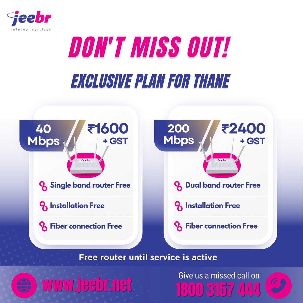 jeebrinternet's tweet photo. Amazing offers ,never before prices + free router till service is active - only for Thane! Call now...switch to Jeebr Wi-Fi.#jeebrinternetservices #jeebrinternet #internetserviceprovider #internet #internetservices #wifi #amazingoffers #broadband #datasafe #exclusiveoffer #callus https://t.co/hf6ixZwHOu