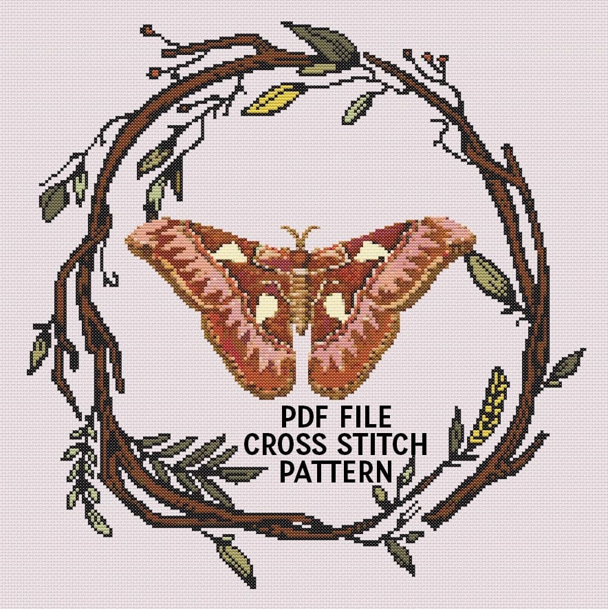 my #etsy shop: Moth on Branch Botanical Cross Stitch Pattern PDF ONLY Nature Embroidery Pattern 200x200 Stitch Cottagecore Butterfly Fairy Design DIY Hobby etsy.me/43uiXPD #housewarming #easter #crossstitch #crossstitchpattern #pdfpattern #embroiderypattern
