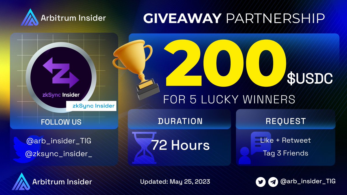 🎉 We are pleased to host an exclusive giveaway with our friend for our community 🎉

🎁200 $USDC for 5 winners
⏰ Duration: 72 hours

✅ Rules:
- Follow <a href="/arb_insider_TIG/">Arbitrum Insider (💙,🧡)</a> and @zksync_insider_ 
- Like + RT
- Tag 3 friends

#Arbitrum $ARB