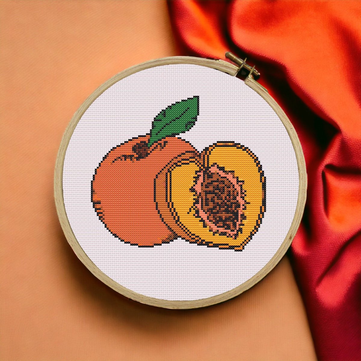 my #etsy shop: Peaches Peach Cross Stitch Pattern PDF ONLY - Embroidery Pattern - 125x114 Stitch, Fruit Pattern, Beginner, DIY, Kitchen Decor, Cottagecore etsy.me/3MX2jCw #housewarming #easter #crossstitch #crossstitchpattern #pdfpattern #embroiderypattern