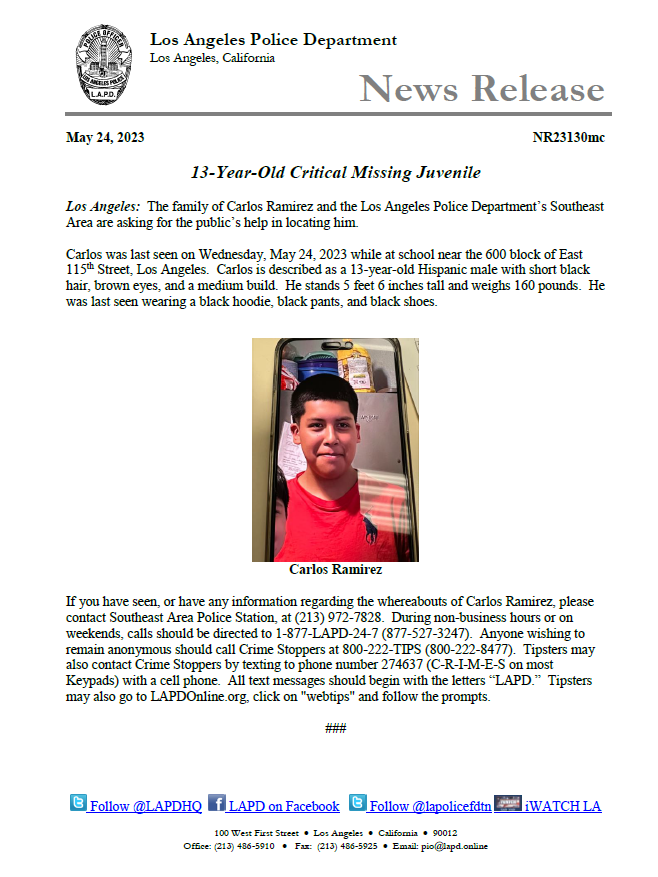 LAPD News: Critical Missing 13-Year-Old Juvenile