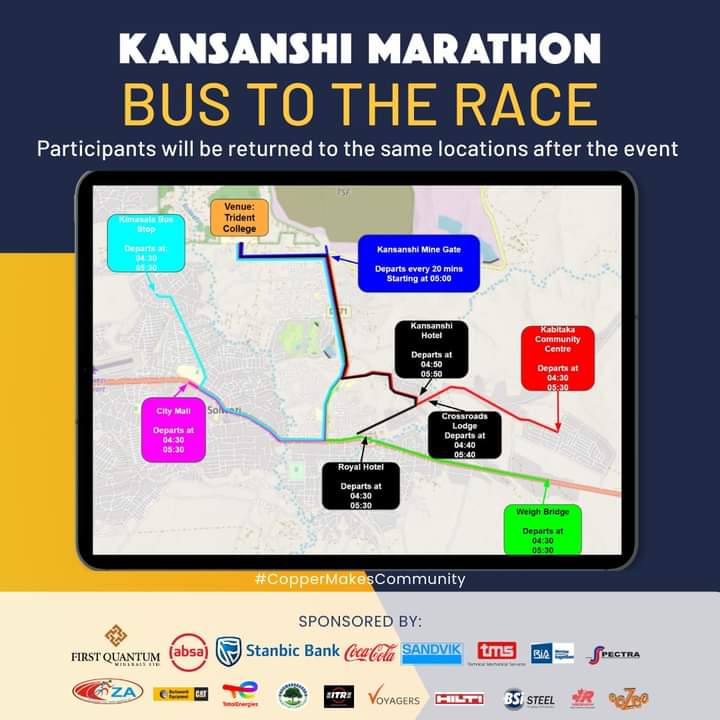 MasumbaC's tweet photo. The Kansanshi Marathon is here, pick up your race pack at the Kansanshi Foundation/Kansanshi Community Centre in Friday 26th May, 2023 between 10:00 to 19:00. Check bus schedule to the race and pick up times! See you soon! For more visit https://t.co/y5cDapeZcV https://t.co/IVpgbopdhn