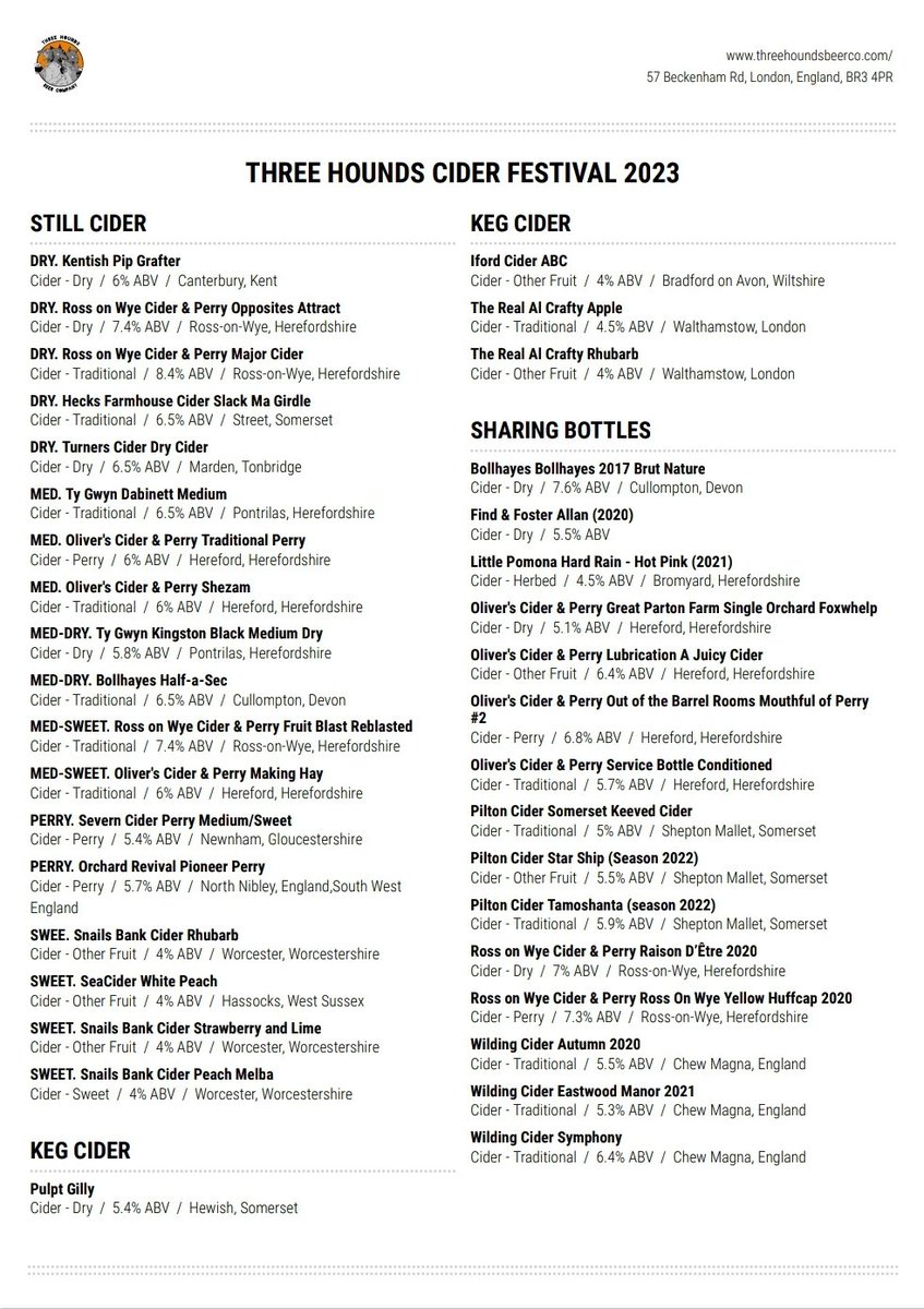 Thursdays Cider List!

Ciders from <a href="/KentishPipCider/">Kentish Pip Cider</a> <a href="/oliverscider/">Tom Oliver</a> <a href="/turners_cider/">Turners Cider</a> <a href="/RossCider/">Ross Cider</a> <a href="/bollhayes/">Bollhayes Cider</a> <a href="/Snailsbankcider/">Snailsbank Cider</a> <a href="/SeaCiderSussex/">SeaCider</a> &amp; many more!

Pouring from 2pm!